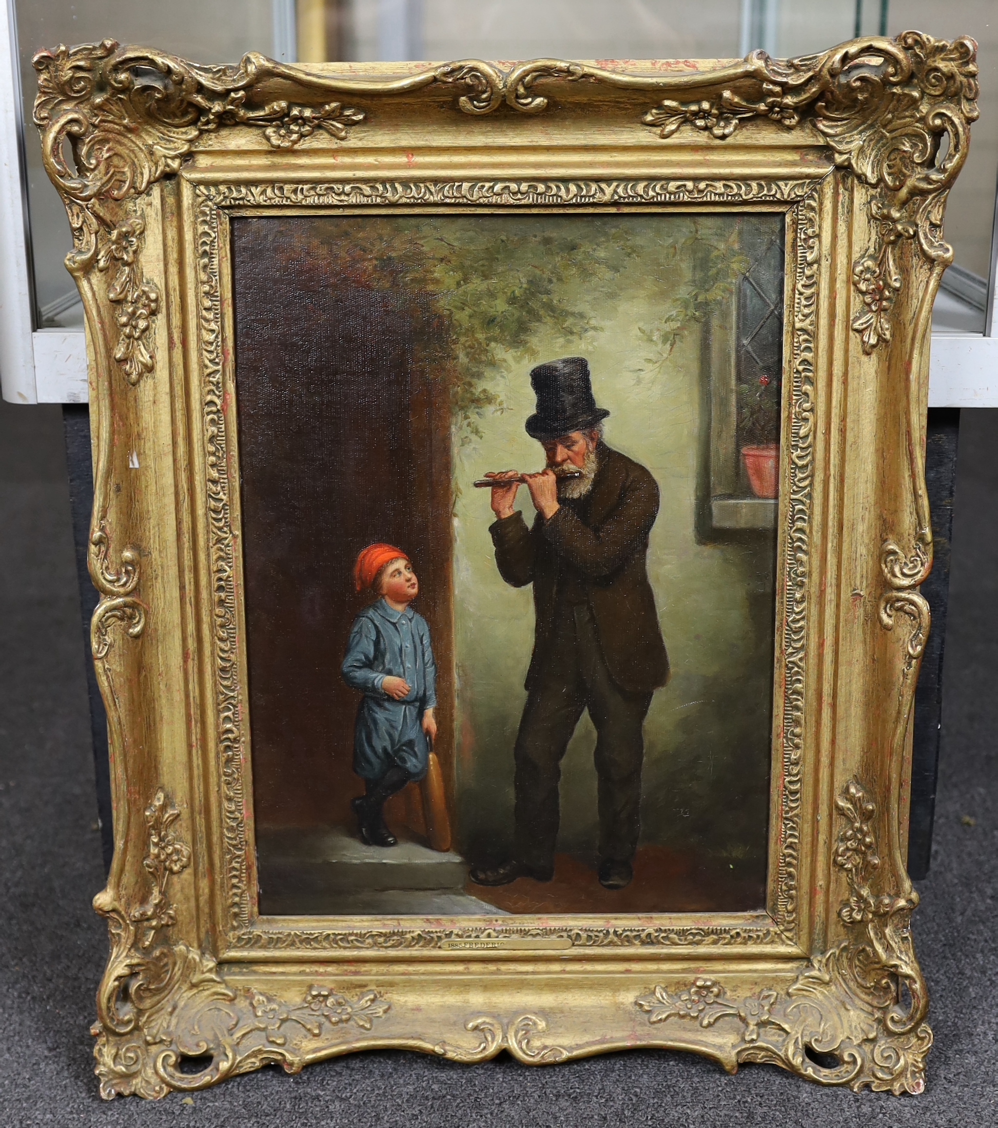 Frederick ?? (b.1885), oil on canvas, Figure playing a pipe to a boy holding a cricket bat, indistinctly signed 40 x 30cm., Please note this lot attracts an additional import tax of 5% on the hammer price